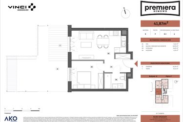 Rzut - Mieszkanie na sprzedaż 2 pokoje o powierzchni 41,87 m² - numer B.03 w Premiera Bemowo