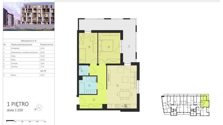 Rzut - Mieszkanie na sprzedaż 3 pokoje o powierzchni 64,79 m² - numer 9 w Urocza 10 - Etap III