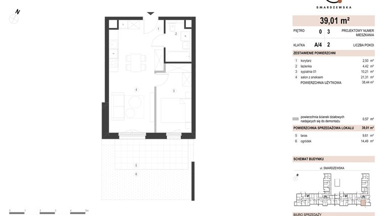 Rzut - Mieszkanie na sprzedaż 2 pokoje o powierzchni 39,01 m² - numer A/4/0.3 w Smardzewska 8