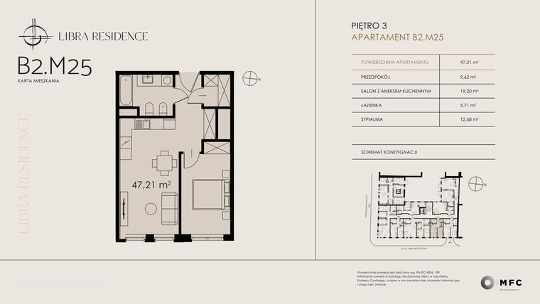 Rzut - Mieszkanie na sprzedaż 2 pokoje o powierzchni 47,21 m² - numer B2.M25 w Libra Residence