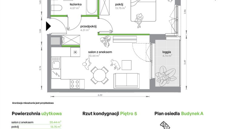 Rzut - Mieszkanie na sprzedaż 2 pokoje o powierzchni 43,07 m² - numer AA0502/4 w M Bemowo