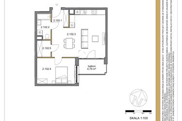 Rzut - Mieszkanie na sprzedaż 2 pokoje o powierzchni 54,85 m² - numer 102 w Osiedle Sfera etap II