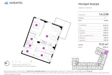 Rzut - Mieszkanie na sprzedaż 4 pokoje o powierzchni 71,11 m² - numer 1.A.2.08 w Murapol Scarpa