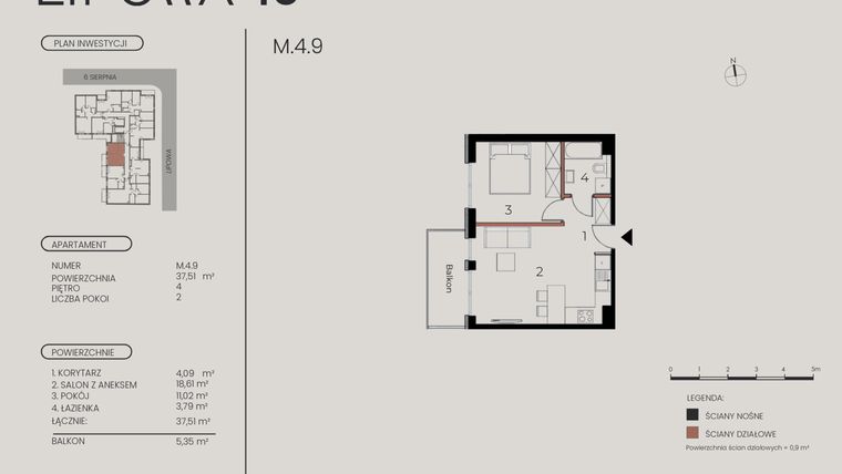 Rzut - Mieszkanie na sprzedaż 2 pokoje o powierzchni 37,51 m² - numer M.4.9 w Lipowa 43