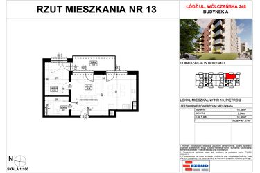 Rzut - Mieszkanie na sprzedaż 2 pokoje o powierzchni 47,87 m² - numer A.13 w Wólczańska 248 - etap II