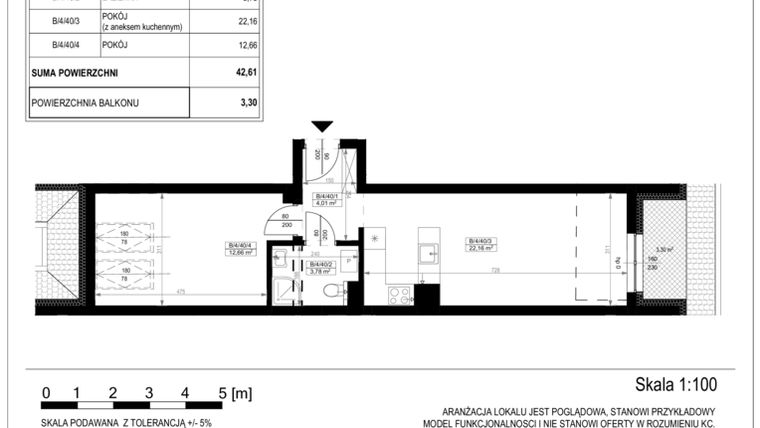 Rzut - Mieszkanie na sprzedaż 2 pokoje o powierzchni 42,61 m² - numer B-4-40 w Zamieszkaj na Rudawskiej 5