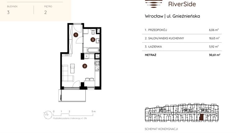 Rzut - Mieszkanie na sprzedaż 1 pokój o powierzchni 30,61 m² - numer 3.A.2.07 w Murapol RiverSide