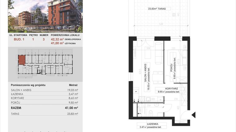 Rzut - Mieszkanie na sprzedaż 2 pokoje o powierzchni 41 m² - numer 3 w M|City