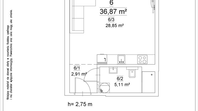Rzut - Mieszkanie na sprzedaż 1 pokój o powierzchni 36,87 m² - numer 6 w Osiedle Teatralne 19