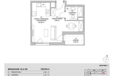 Rzut - Mieszkanie na sprzedaż 1 pokój o powierzchni 31,62 m² - numer 1D.6.190 w Francuska Park VIIIB