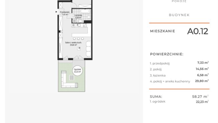 Rzut - Mieszkanie na sprzedaż 2 pokoje o powierzchni 58,31 m² - numer A0.12 w Enklawa Bukowa