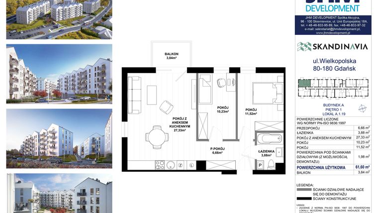 Rzut - Mieszkanie na sprzedaż 3 pokoje o powierzchni 61,6 m² - numer A.1.19 w Skandinavia