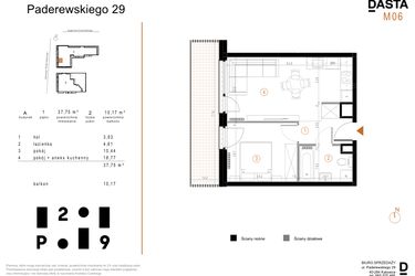 Rzut - Mieszkanie na sprzedaż 2 pokoje o powierzchni 37,75 m² - numer A6 w Paderewskiego 29