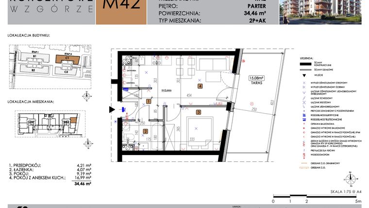 Rzut - Mieszkanie na sprzedaż 2 pokoje o powierzchni 34,46 m² - numer C1_M42 w Koncertowe Wzgórze etap II