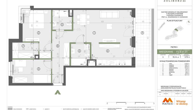 Rzut - Mieszkanie na sprzedaż 3 pokoje o powierzchni 78,14 m² - numer F2.B.01.01 w Sady Żoliborz II