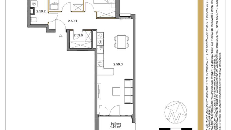 Rzut - Mieszkanie na sprzedaż 3 pokoje o powierzchni 62,57 m² - numer 59 w Osiedle Sfera etap II