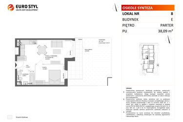 Rzut - Mieszkanie na sprzedaż 2 pokoje o powierzchni 38,09 m² - numer E.8 w Osiedle Synteza etap IV