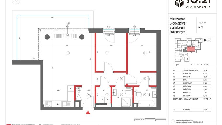 Rzut - Mieszkanie na sprzedaż 3 pokoje o powierzchni 72,31 m² - numer 35 w SO.21