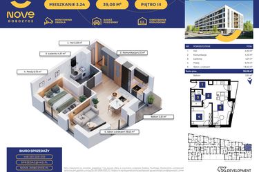 Rzut - Mieszkanie na sprzedaż 2 pokoje o powierzchni 39,08 m² - numer M24 w Nove Dobczyce