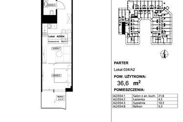 Rzut - Mieszkanie na sprzedaż 1 pokój o powierzchni 36,6 m² - numer 034 w Apollo Resort