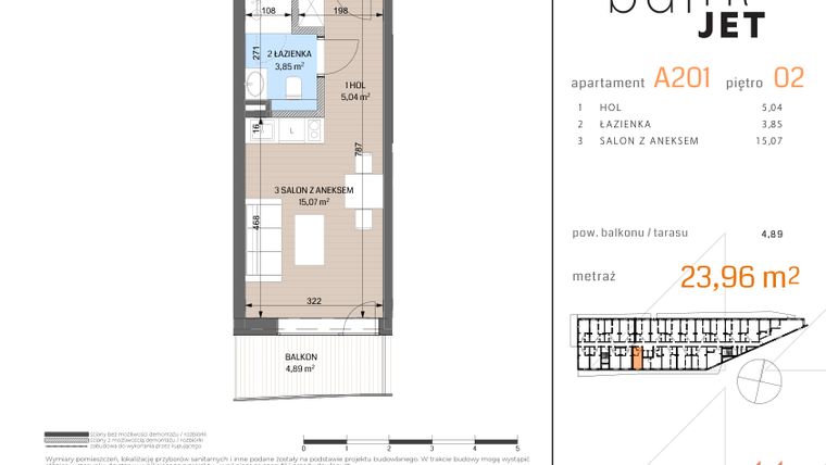 Rzut - Mieszkanie na sprzedaż 1 pokój o powierzchni 23,96 m² - numer A201 w Baltic Jet