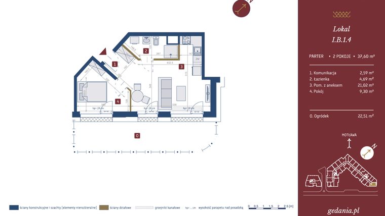 Rzut - Mieszkanie na sprzedaż 2 pokoje o powierzchni 37,6 m² - numer I.B.1.4 w GEDANIA Riverside Living - apartamenty inwestycyjne