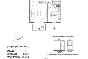 Rzut - Mieszkanie na sprzedaż 2 pokoje o powierzchni 48,82 m² - numer B.1.4.2 w Atut III
