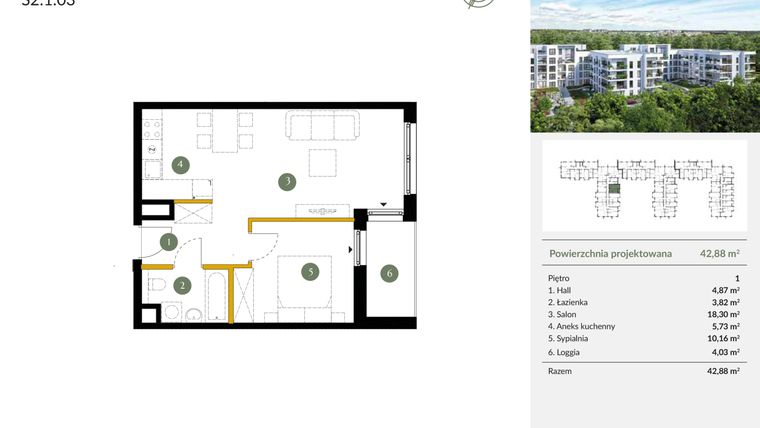Rzut - Mieszkanie na sprzedaż 2 pokoje o powierzchni 42,88 m² - numer S2.1.03 w Ogrody Julianów