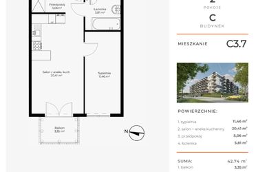Rzut - Mieszkanie na sprzedaż 2 pokoje o powierzchni 42,74 m² - numer C3.7 w Enklawa Bukowa II