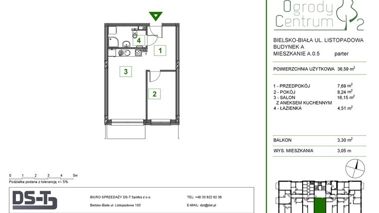 Rzut - Mieszkanie na sprzedaż 2 pokoje o powierzchni 36,59 m² - numer A.0.5 w Ogrody Centrum 2