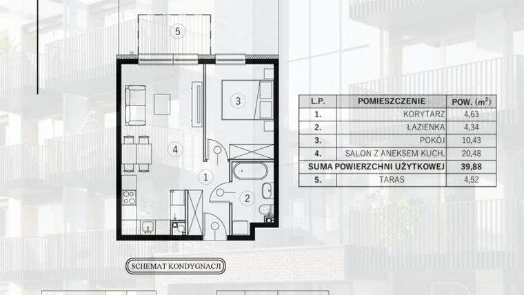 Rzut - Mieszkanie na sprzedaż 2 pokoje o powierzchni 39,88 m² - numer 2 w Młody Straszyn Park VI - bud. B