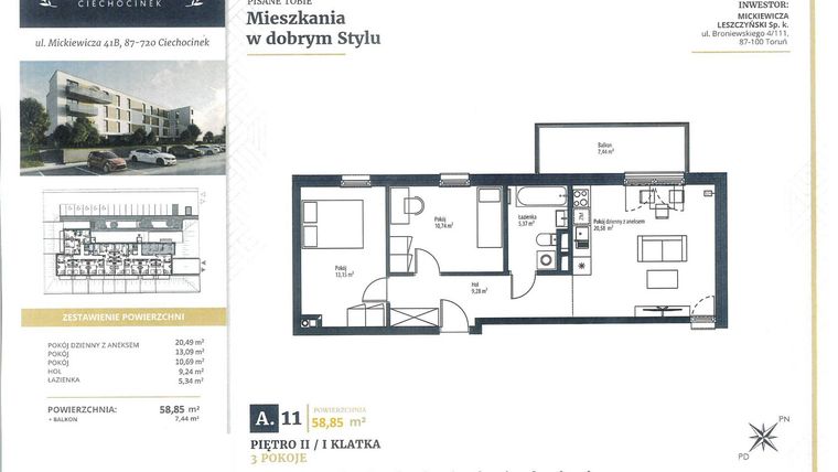 Rzut - Mieszkanie na sprzedaż 3 pokoje o powierzchni 58,85 m² - numer A11 w Mickiewicza