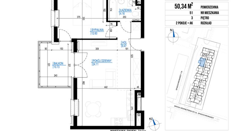 Rzut - Mieszkanie na sprzedaż 2 pokoje o powierzchni 50,34 m² - numer 51 w Vieniava edycja druga