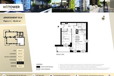 Rzut - Mieszkanie na sprzedaż 2 pokoje o powierzchni 40,44 m² - numer Hi 03.4 w Hi Tower