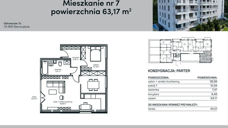 Rzut - Mieszkanie na sprzedaż 2 pokoje o powierzchni 63,17 m² - numer 7 w Odrowców 7C