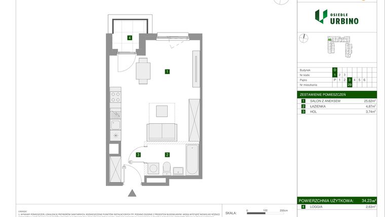 Rzut - Mieszkanie na sprzedaż 1 pokój o powierzchni 34,23 m² - numer 29 w Osiedle Urbino etap 1.4