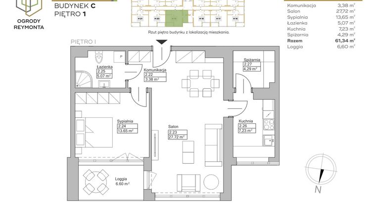 Rzut - Mieszkanie na sprzedaż 2 pokoje o powierzchni 61,34 m² - numer M19 w Ogrody Reymonta