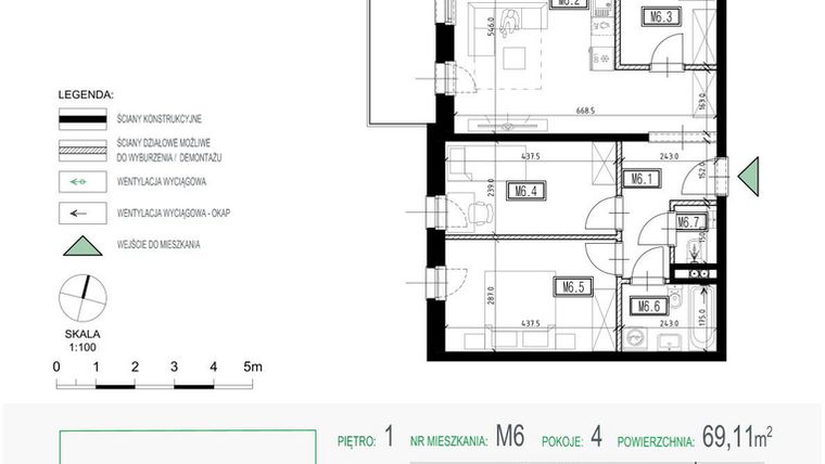 Rzut - Mieszkanie na sprzedaż 4 pokoje o powierzchni 69,11 m² - numer 6 w Kolarska Koncept