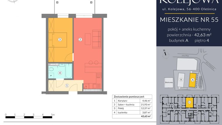 Rzut - Mieszkanie na sprzedaż 2 pokoje o powierzchni 42,63 m² - numer A.55 w Osiedle Kolejowa