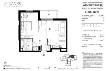Rzut - Mieszkanie na sprzedaż 1 pokój o powierzchni 49,32 m² - numer A01 w Wróblewskiego