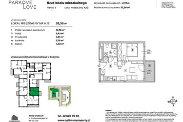 Rzut - Mieszkanie na sprzedaż 2 pokoje o powierzchni 32,36 m² - numer A.12 w Parkove Love