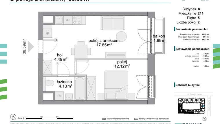Rzut - Mieszkanie na sprzedaż 2 pokoje o powierzchni 38,59 m² - numer 211 w Osiedle Fokus Ursus