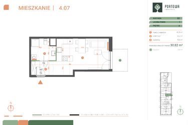 Rzut - Mieszkanie na sprzedaż 1 pokój o powierzchni 30,82 m² - numer M.04.07 w Casa Feliz Portowa