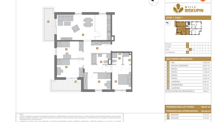 Rzut - Mieszkanie na sprzedaż 5 pokoi o powierzchni 104,46 m² - numer C.6 w Wille Biskupin