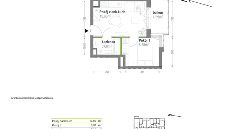 Rzut - Mieszkanie na sprzedaż 2 pokoje o powierzchni 28,11 m² - numer B.A.2.01 w Głębocka Vita