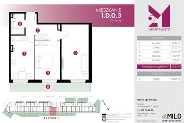 Rzut - Mieszkanie na sprzedaż 2 pokoje o powierzchni 57,97 m² - numer 1.D.0.3 w Maślice Wrocław Milo Dobry Deweloper etap IV