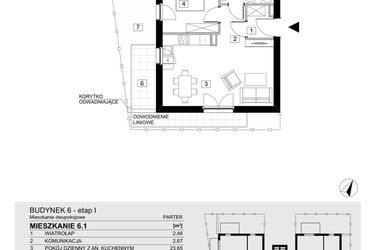 Rzut - Mieszkanie na sprzedaż 2 pokoje o powierzchni 43,35 m² - numer 6.1 w Jasieny
