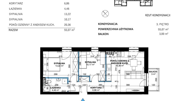 Rzut - Mieszkanie na sprzedaż 3 pokoje o powierzchni 55,07 m² - numer 26 w Comfort Corner