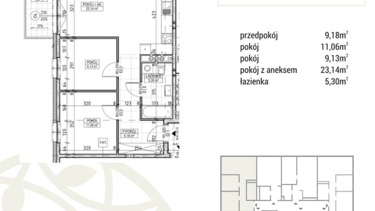 Rzut - Mieszkanie na sprzedaż 3 pokoje o powierzchni 57,81 m² - numer A1.02.16 w Zakątek Flora