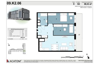 Rzut - Mieszkanie na sprzedaż 3 pokoje o powierzchni 69,31 m² - numer 09.K2.06 w Langiewicza 37